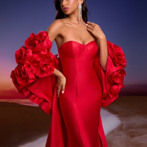 Red Wedding Dress with Train - A-Line Mermaid/fit-and-flare Evening Gown XS-XL - Picture 6 of 10